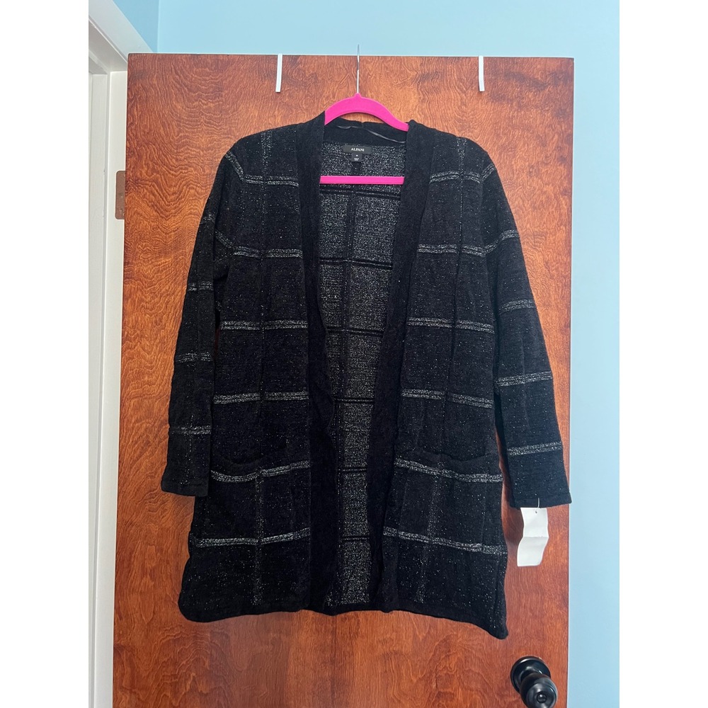 NEW Alfani Cardigan Sweater Women M Black Metallic Plaid Open Front Longline